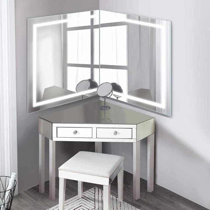 Krugg Mod 36 x 36 Left/Right Corner Lighted Vanity Mirror with LED lighting, ideal for personalized corner bathroom configurations and precise grooming.
