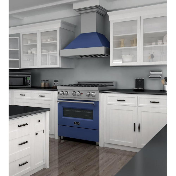 ZLINE 30 in. 4.0 cu. ft. Legacy Dual Fuel Range with 4 Burner Gas Cooktop and Electric Convection Oven in Satin Stainless Steel and Blue Matte Door (RAS-BM-30)