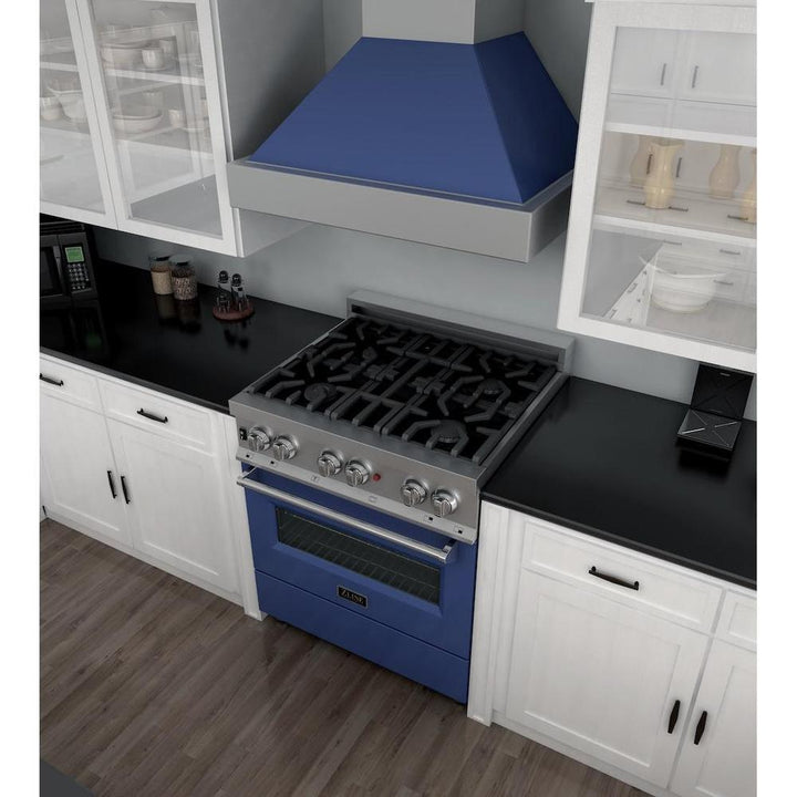 ZLINE 30 in. 4.0 cu. ft. Legacy Dual Fuel Range with 4 Burner Gas Cooktop and Electric Convection Oven in Satin Stainless Steel and Blue Matte Door (RAS-BM-30)