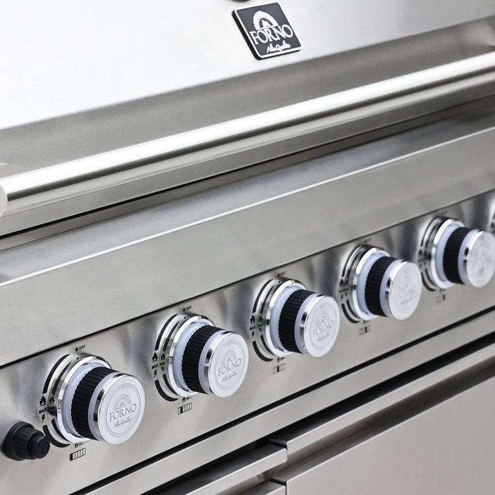 FORNO Bulnes 40-Inch BBQ, 95,000 BTU, 5 Burners, Sear &amp; Rotisserie Infrared with Side Burner, Stainless Steel Outdoor Kitchen with 1.8 cu.ft. Beverage Center &amp; White Sintered Stone Countertops