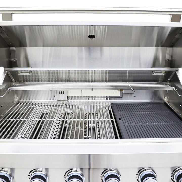 FORNO Bulnes 40-Inch BBQ, 95,000 BTU, 5 Burners, Sear &amp; Rotisserie Infrared with Side Burner, Stainless Steel Outdoor Kitchen with 1.8 cu.ft. Beverage Center &amp; White Sintered Stone Countertops
