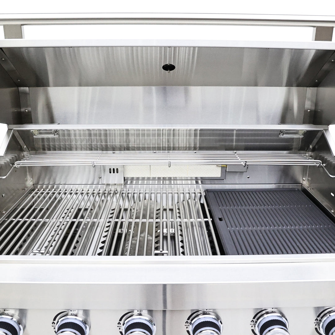 FORNO Bulnes 40-Inch BBQ, 95,000 BTU, 5 Burners, Sear &amp; Rotisserie Infrared with Side Burner, Stainless Steel Outdoor Kitchen with 1.8 cu.ft. Beverage Center &amp; Black Granite Countertops