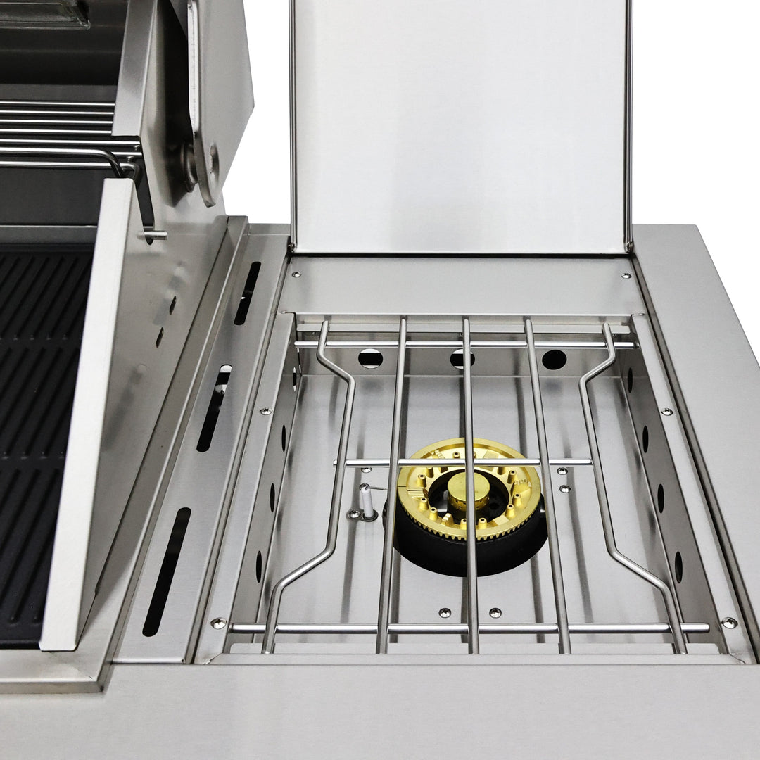 FORNO Bulnes 40-Inch BBQ, 95,000 BTU, 5 Burners, Sear &amp; Rotisserie Infrared with Side Burner, Stainless Steel Outdoor Kitchen with 1.8 cu.ft. Beverage Center &amp; White Sintered Stone Countertops