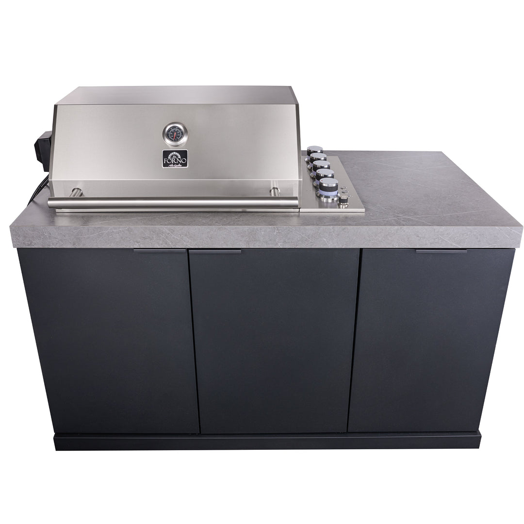 Forno Rimini Outdoor Kitchen 30" BBQ 62,600 BTU, 3 Burners with Sear &amp; Rotisserie, 2.4 cu.ft. Beverage Center, Stainless Steel Sink, Black Cabinets &amp; Gray Sintered Stone Countertop