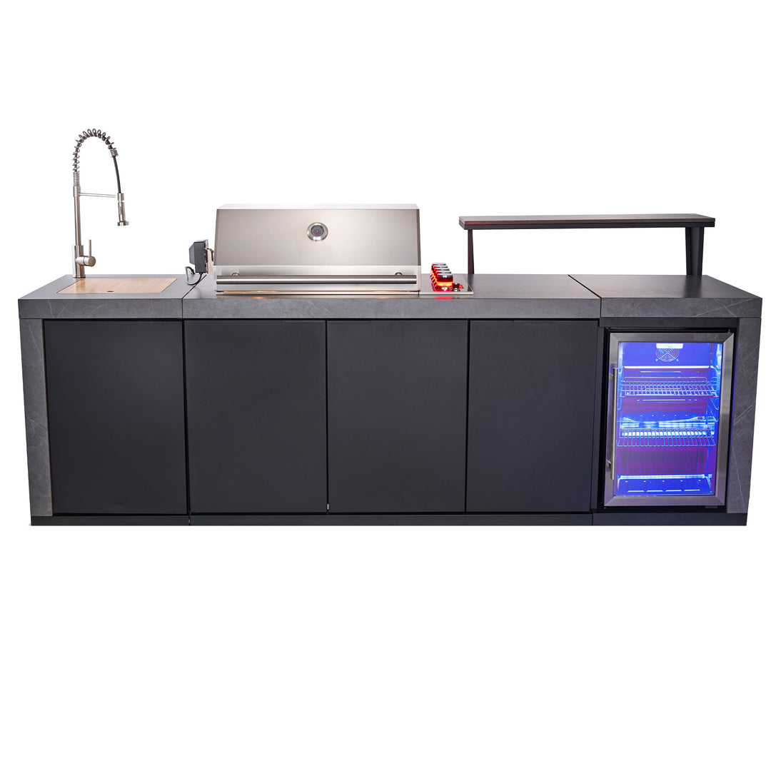 Forno Rimini Outdoor Kitchen 30" BBQ 62,600 BTU, 3 Burners with Sear &amp; Rotisserie, 2.4 cu.ft. Beverage Center, Stainless Steel Sink, Black Cabinets &amp; Gray Sintered Stone Countertop