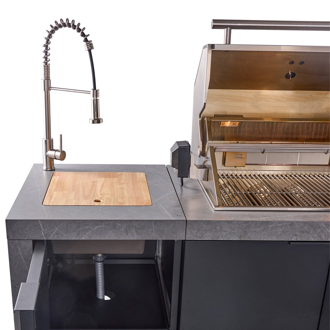 Forno Rimini Outdoor Kitchen 30" BBQ 62,600 BTU, 3 Burners with Sear &amp; Rotisserie, 2.4 cu.ft. Beverage Center, Stainless Steel Sink, Black Cabinets &amp; Gray Sintered Stone Countertop