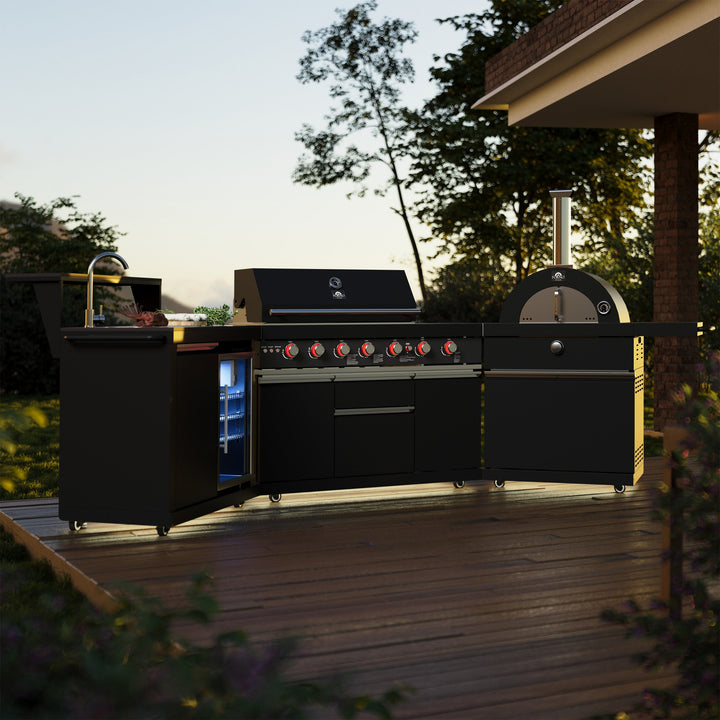 Forno All’Aperto 87,600 BTU Outdoor Kitchen, 4 Burners, Infrared Burners, Side Burner, Black Sintered Stone Countertops, Gas Pizza Oven, Sink Module, Bar &amp; Beverage Center