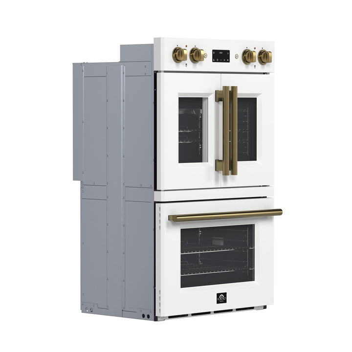 Forno Asti 30-Inch Double Electric Wall Oven with Upper French Doors in White &amp; Antique Brass, 7.36 cu. ft. Dual True Convection, 7,200W, Air Fry, Sous Vide, Self-Clean