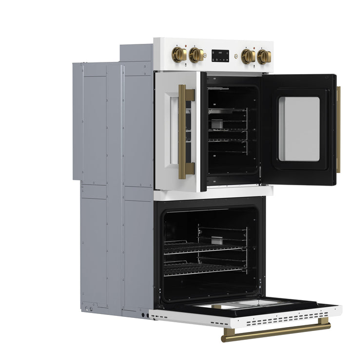 Forno Asti 30-Inch Double Electric Wall Oven with Upper French Doors in White &amp; Antique Brass, 7.36 cu. ft. Dual True Convection, 7,200W, Air Fry, Sous Vide, Self-Clean