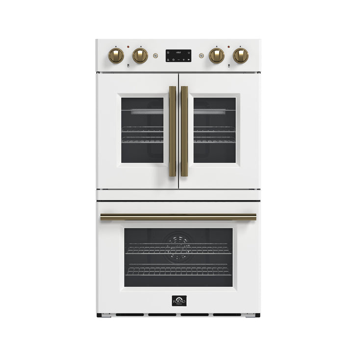 Forno Asti 30-Inch Double Electric Wall Oven with Upper French Doors in White &amp; Antique Brass, 7.36 cu. ft. Dual True Convection, 7,200W, Air Fry, Sous Vide, Self-Clean