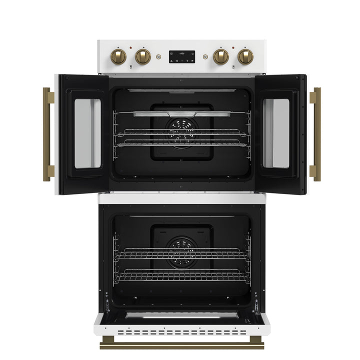Forno Asti 30-Inch Double Electric Wall Oven with Upper French Doors in White &amp; Antique Brass, 7.36 cu. ft. Dual True Convection, 7,200W, Air Fry, Sous Vide, Self-Clean