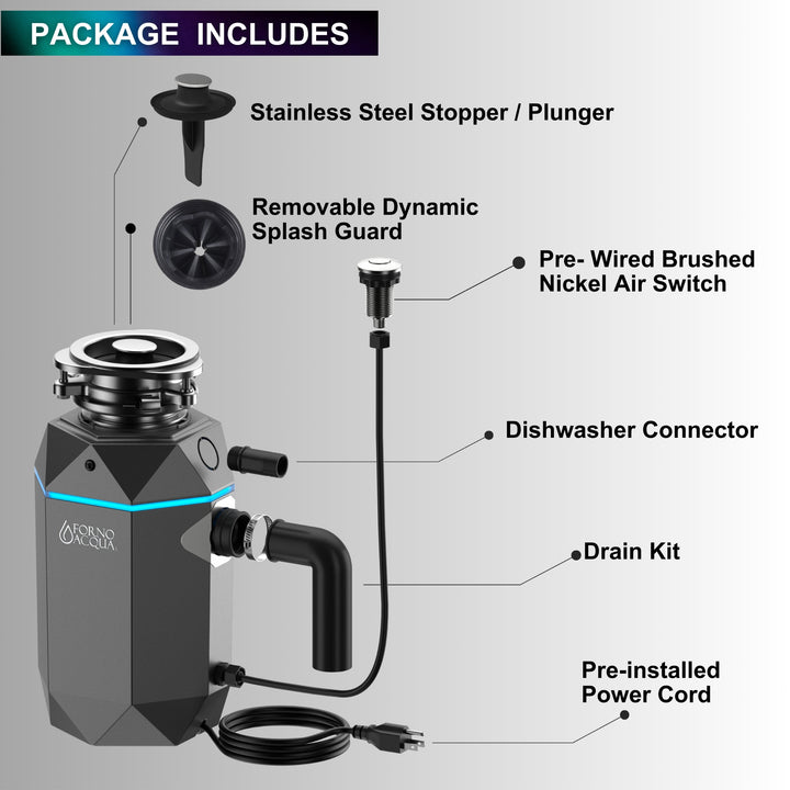 FORNO ACQUA BrightDIAMOND Black Onyx 1HP Super Quiet Garbage Disposal Corded with Motion Sensor Cabinet Light &amp; Pre-Wired Air Switch