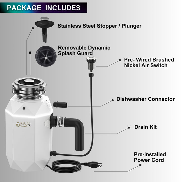 FORNO ACQUA BrightDIAMOND Moonstone 1HP Super Quiet Garbage Disposal Corded with Motion Sensor Cabinet Light &amp; Pre-Wired Air Switch