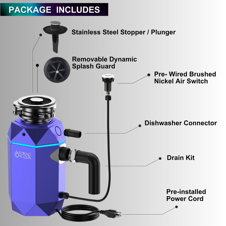FORNO ACQUA BrightDIAMOND Amethyst 3/4HP Super Quiet Garbage Disposal Corded with Motion Sensor Cabinet Light &amp; Pre-Wired Air Switch