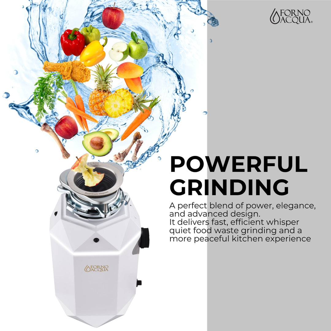 FORNO ACQUA BrightDIAMOND Moonstone 3/4HP Super Quiet Garbage Disposal Corded with Motion Sensor Cabinet Light &amp; Pre-Wired Air Switch