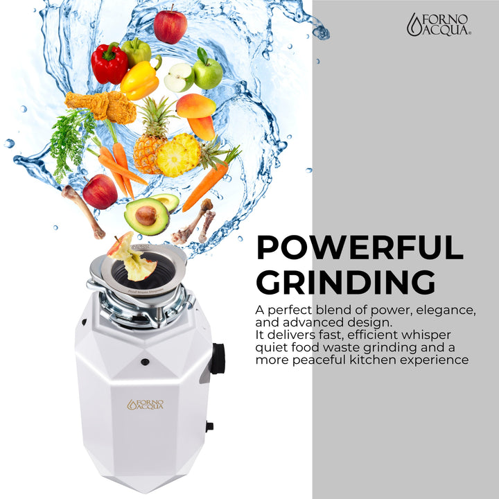 FORNO ACQUA BrightDIAMOND Moonstone 3/4HP Super Quiet Garbage Disposal Corded with Motion Sensor Cabinet Light &amp; Pre-Wired Air Switch