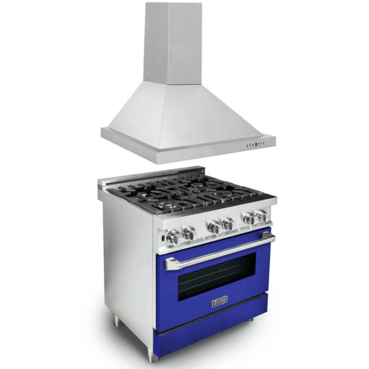 ZLINE 2-Piece Kitchen Package: Stainless Steel Dual Fuel Range with Blue Gloss Door and Convertible Vent Range Hood