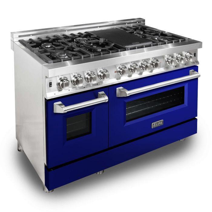 ZLINE 48 in. Dual Fuel Range with Blue Gloss Door & 48 in. Range Hood Appliance Package, 2KP-RABGRH48