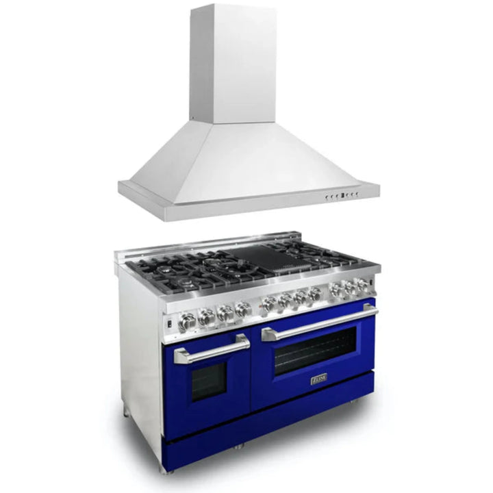 ZLINE 2-Piece Kitchen Package: Stainless Steel Dual Fuel Range with Blue Gloss Door and Convertible Vent Range Hood