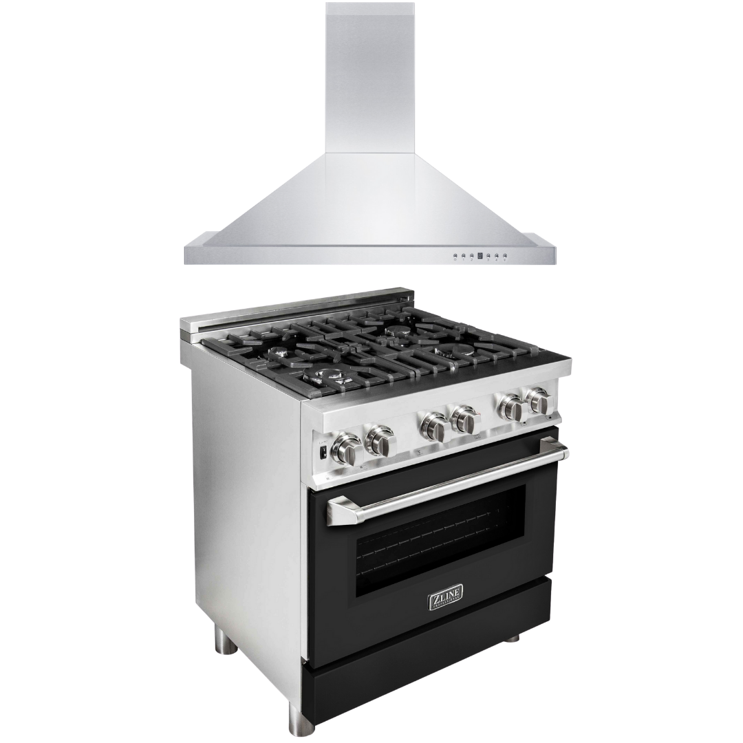 ZLINE 30 in. Dual Fuel Range with Black Matte Door & 30 in. Range Hood Appliance Package, 2KP-RABLMRH30