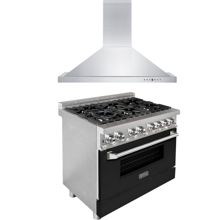 ZLINE 36 in. Dual Fuel Range with Black Matte Doors & 36 in. Range Hood Appliance Package, 2KP-RABLMRH36