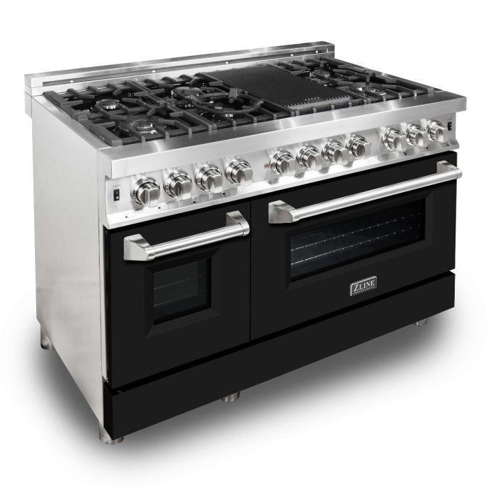 ZLINE 48 in. Dual Fuel Range with Black Matte Door & 48 in. Range Hood Appliance Package, 2KP-RABLMRH48