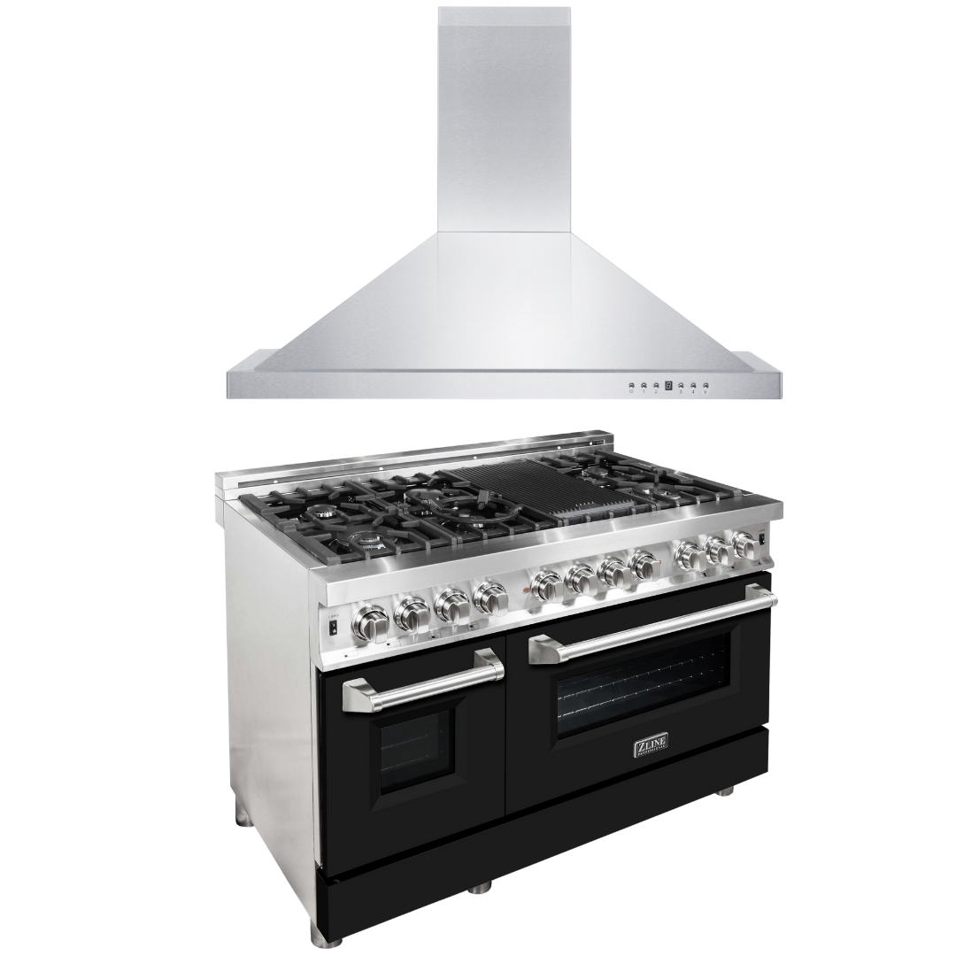 ZLINE 48 in. Dual Fuel Range with Black Matte Door & 48 in. Range Hood Appliance Package, 2KP-RABLMRH48