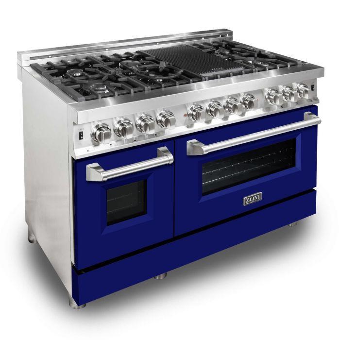 ZLINE 48 in. Dual Fuel Range with Blue Matte Door & 48 in. Range Hood Appliance Package, 2KP-RABMRH48