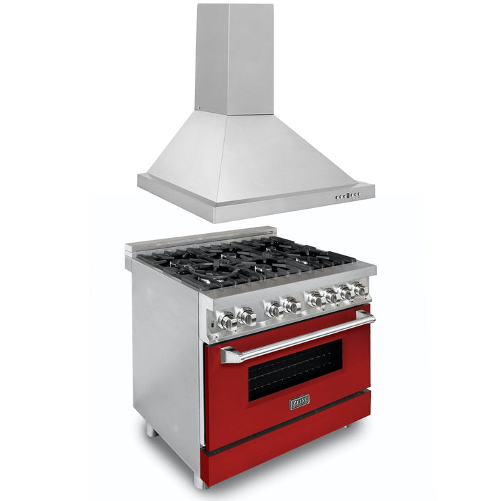 ZLINE 36 in. Kitchen Package with Satin Stainless Steel Dual Fuel Range with Red Matte Door and Convertible Vent Range Hood (2KP-RARMRH36)