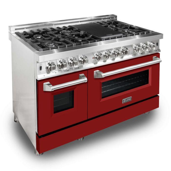 ZLINE 48 in. Dual Fuel Range with Red Matte Door & 48 in. Range Hood Appliance Package, 2KP-RARMRH48