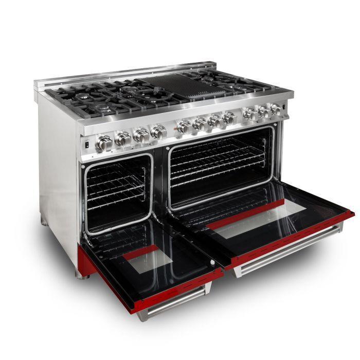 ZLINE 48 in. Dual Fuel Range with Red Matte Door & 48 in. Range Hood Appliance Package, 2KP-RARMRH48