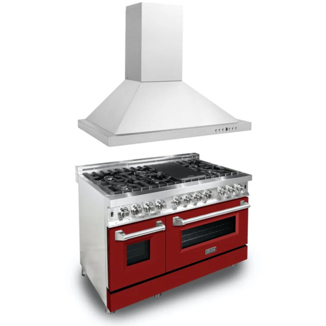 ZLINE 2-Piece Kitchen Package: Dual Fuel Range with Red Matte Door and Convertible Vent Range Hood (Models 2KP-RARMRH30, 2KP-RARMRH36, 2KP-RARMRH48)