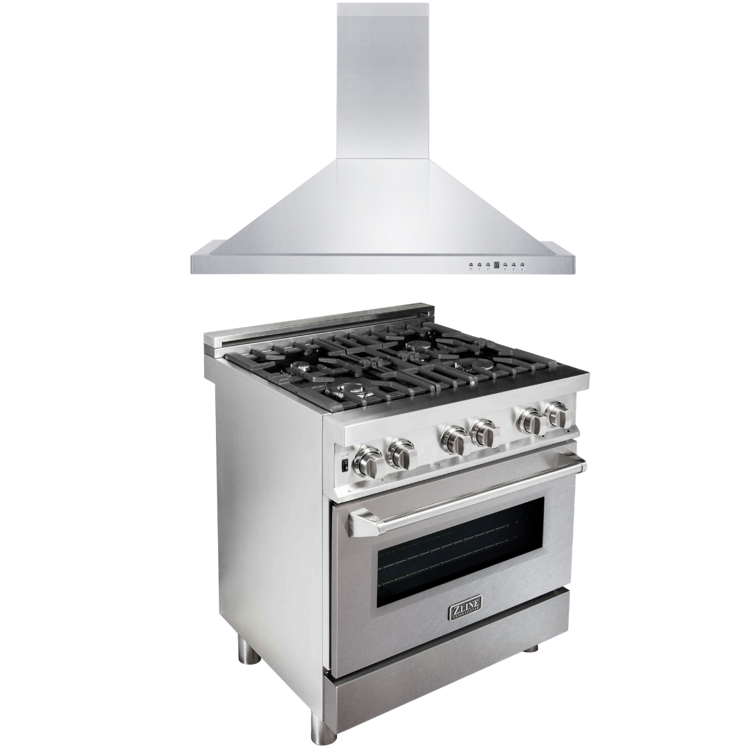 ZLINE 30 in. Dual Fuel Range with DuraSnow® Door & 30 in. Range Hood Appliance Package, 2KP-RASNRH30