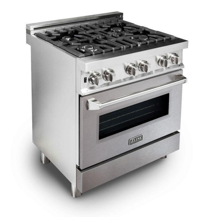 ZLINE 30 in. Dual Fuel Range with DuraSnow® Door & 30 in. Range Hood Appliance Package, 2KP-RASNRH30