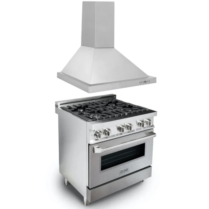 ZLINE 2-Piece Kitchen Package: Stainless Steel Dual Fuel Range with Satin Door and Convertible Vent Range Hood