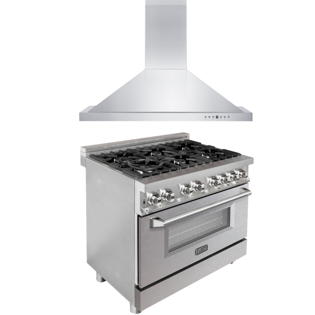 ZLINE Kitchen and Bath 36 in. Dual Fuel Range with DuraSnow® Door & 36 in. Range Hood Appliance Package, 2KP-RASNRH36