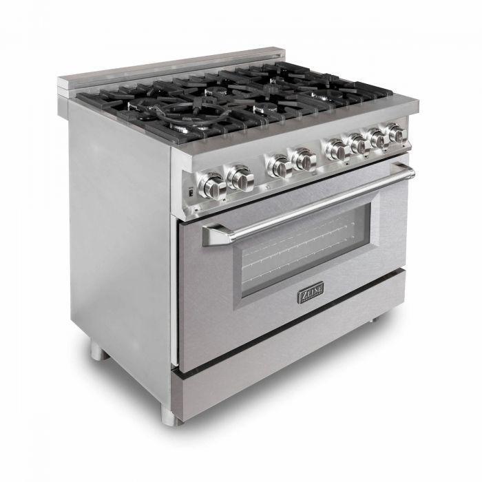 ZLINE Kitchen and Bath 36 in. Dual Fuel Range with DuraSnow® Door & 36 in. Range Hood Appliance Package, 2KP-RASNRH36