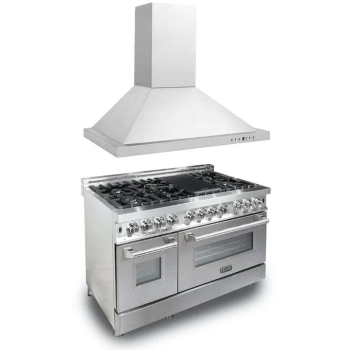 ZLINE 2-Piece Kitchen Package: Stainless Steel Dual Fuel Range with Satin Door and Convertible Vent Range Hood