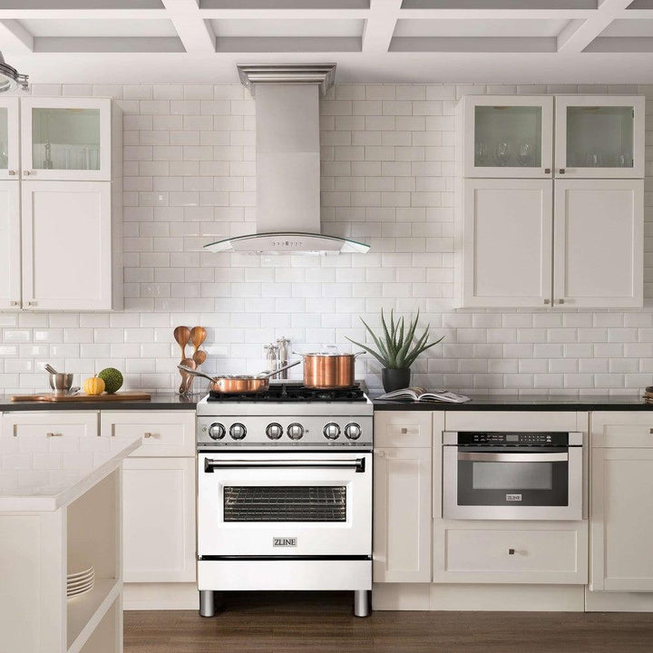 ZLINE 30 in. 4.0 cu. ft. Legacy Dual Fuel Range with 4 Burner Gas Cooktop and Electric Convection Oven in Stainless Steel and White Matte Door (RA-WM-30)