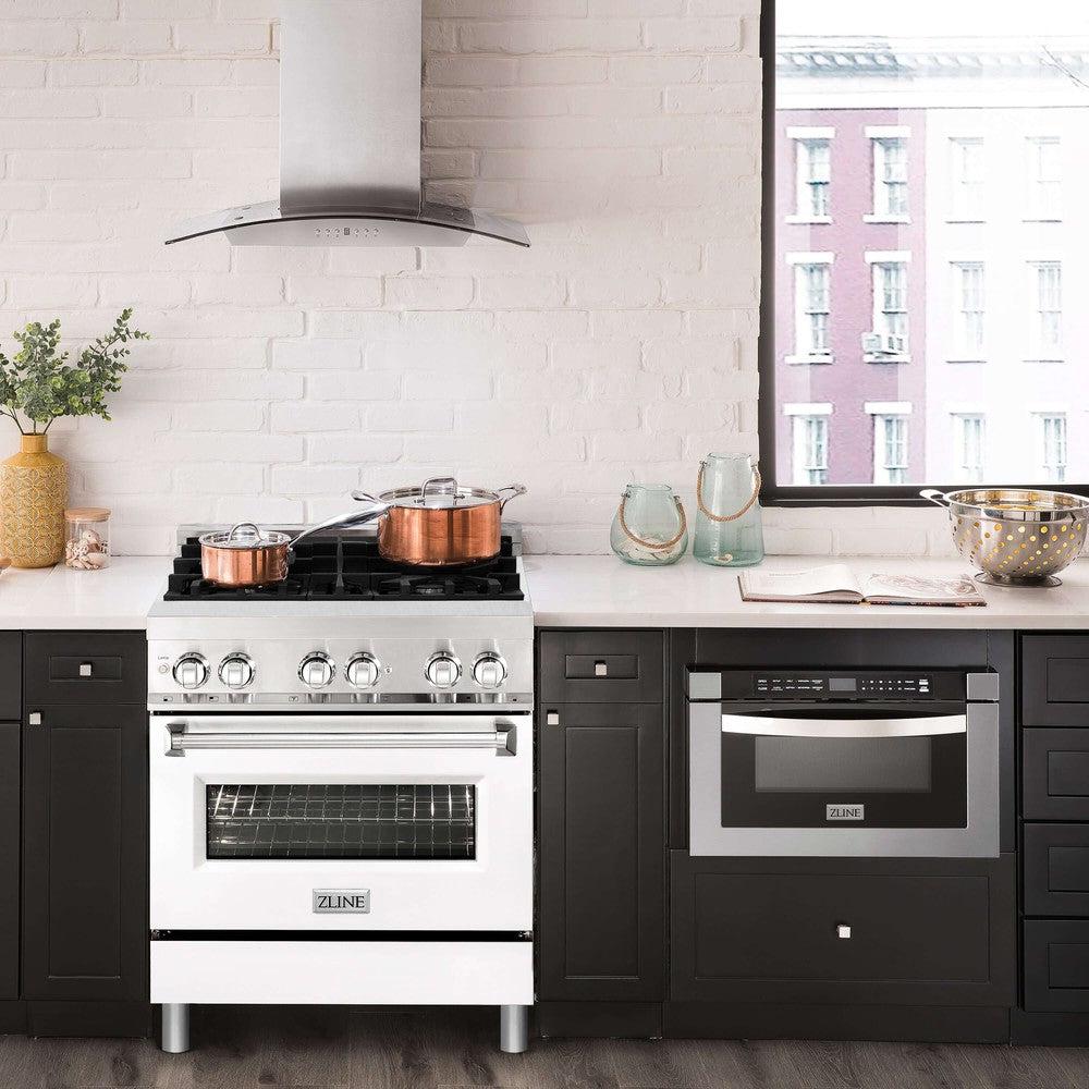 ZLINE 30 in. 4.0 cu. ft. Legacy Dual Fuel Range with 4 Burner Gas Cooktop and Electric Convection Oven in Stainless Steel and White Matte Door (RA-WM-30)