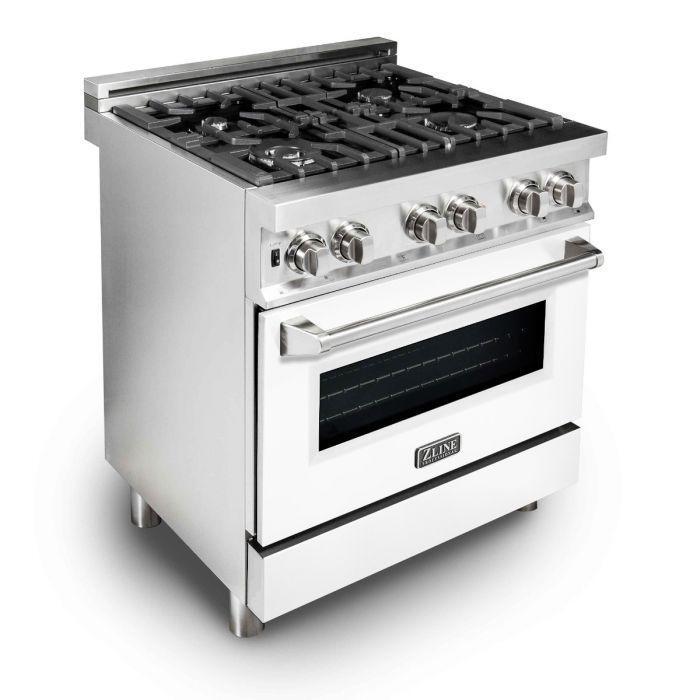 ZLINE Kitchen and Bath 30 in. Dual Fuel Range with White Matte Door & 30 in. Range Hood Appliance Package, 2KP-RAWMRH30