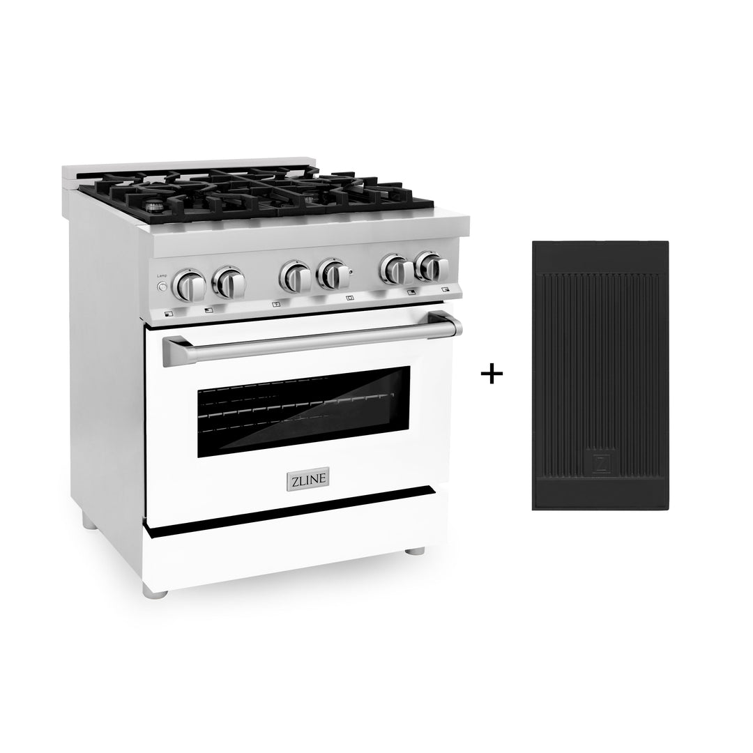 ZLINE 30" 4.0 cu. ft. Gas Burner, Electric Oven with Griddle and White Matte Door in Stainless Steel, RA-WM-GR-30