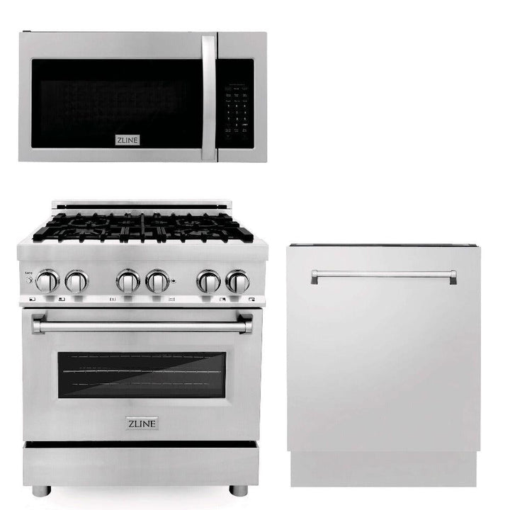 ZLINE Kitchen Package with Stainless Steel 30 in. Dual Fuel Range, 30 in. Over-the-Range Microwave, and 24 in. Dishwasher (3KP-RAOTR30-DW)
