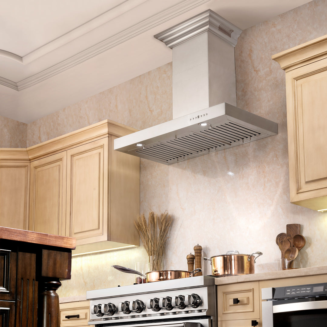 48" ZLINE CrownSound™Ducted Vent Wall Mount Range Hood in Stainless Steel with Built-in Bluetooth Speakers (KECRN-BT-48)