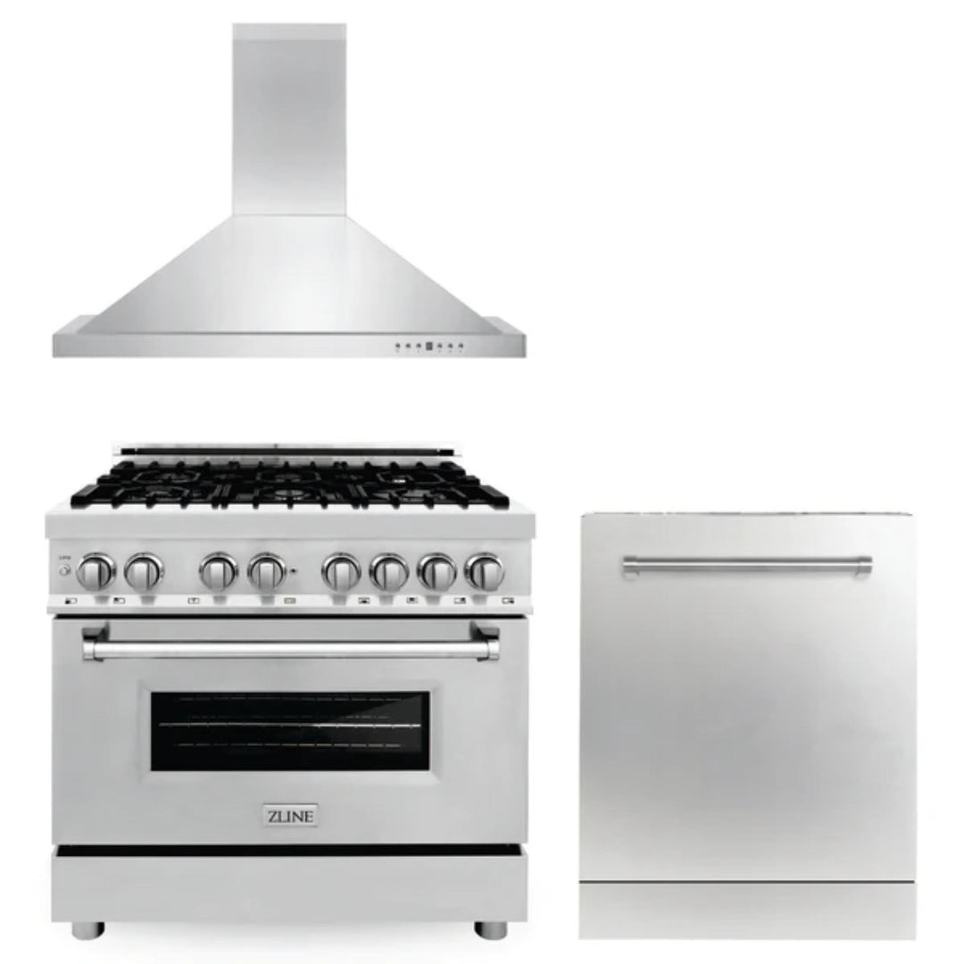 ZLINE 30", 36" &amp; 48" Kitchen Packages with Stainless Steel Dual Fuel Range, Convertible Vent Range Hood, and Dishwasher