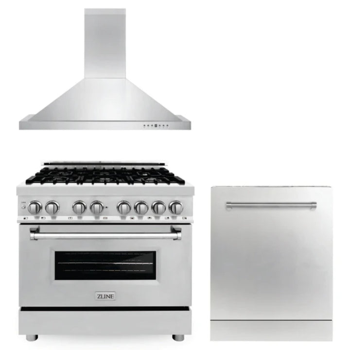 ZLINE 30", 36" &amp; 48" Kitchen Packages with Stainless Steel Dual Fuel Range, Convertible Vent Range Hood, and Dishwasher