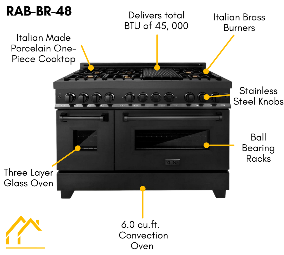 ZLINE 48 in. Professional Gas Burner, Electric Oven Range in Black Stainless with Brass Burners, RAB-BR-48