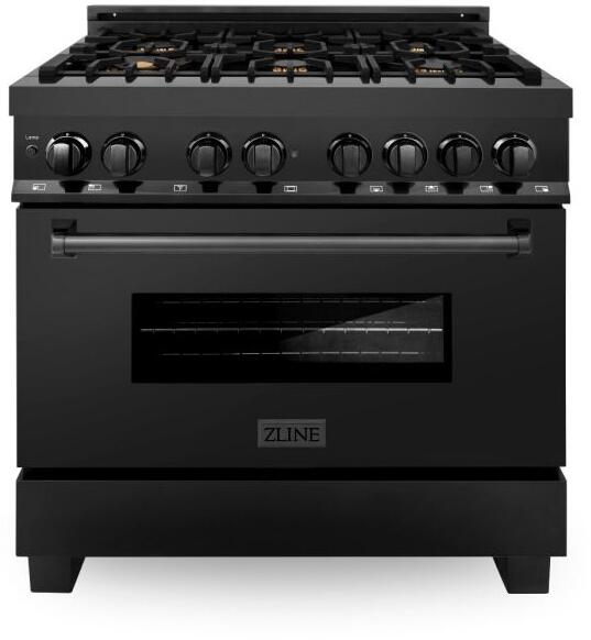 ZLINE Package - 36" Dual Fuel Range, Range Hood, Refrigerator with Water & Ice Dispenser, Dishwasher, Microwave In Black Stainless Steel