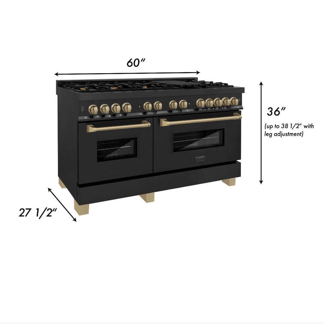 ZLINE Autograph 60" 7.4 cu. ft. Dual Fuel Range in Black Stainless Steel with Bronze Accents, RABZ-60-CB