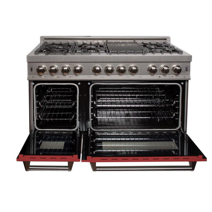 ZLINE 48 in. Kitchen Package with Satin Stainless Steel Dual Fuel Range with Red Matte Door and Convertible Vent Range Hood (2KP-RASRMRH48)